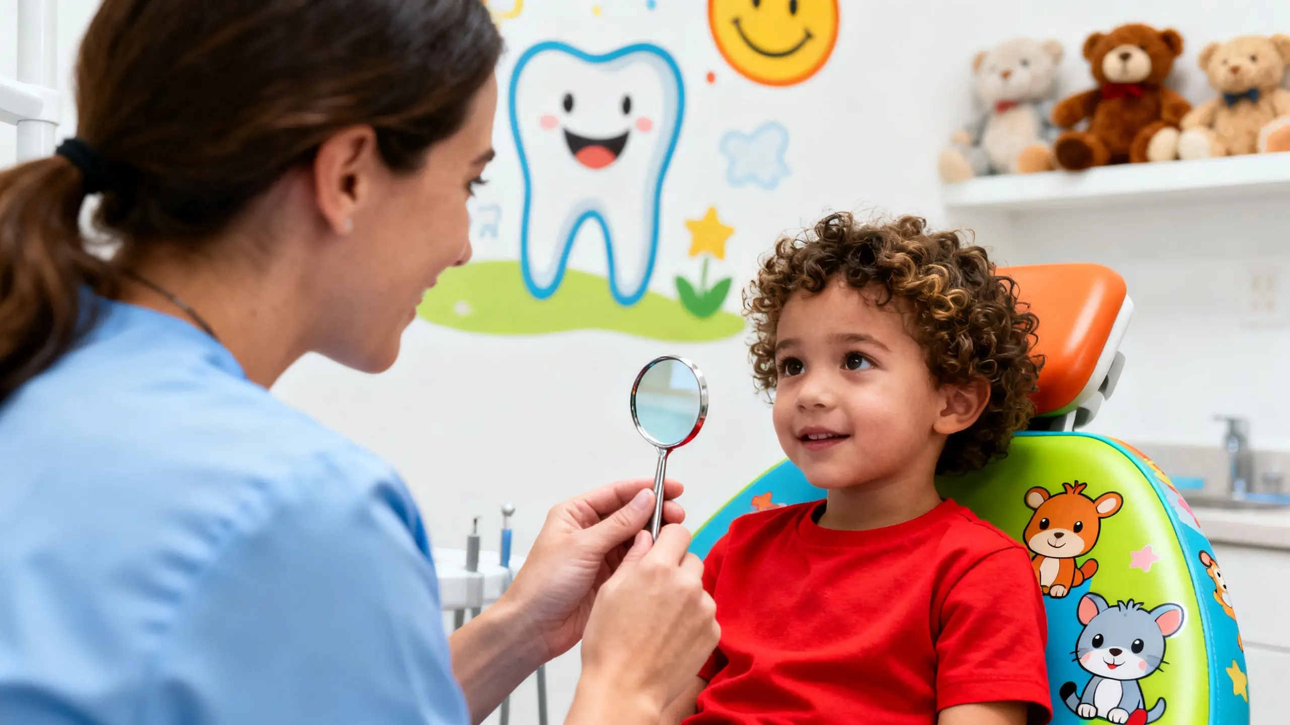 A friendly pediatric dentist gently showing a young child a dental mirror in a bright, welcoming clinic in Guelph.