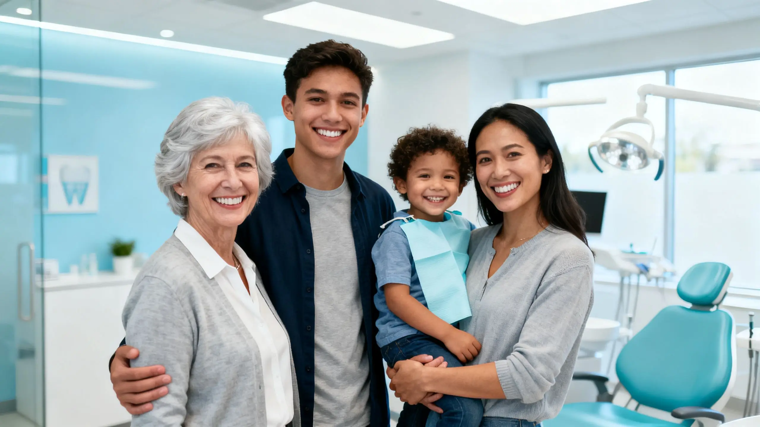 Three generations of a family smiling together in a dental clinic