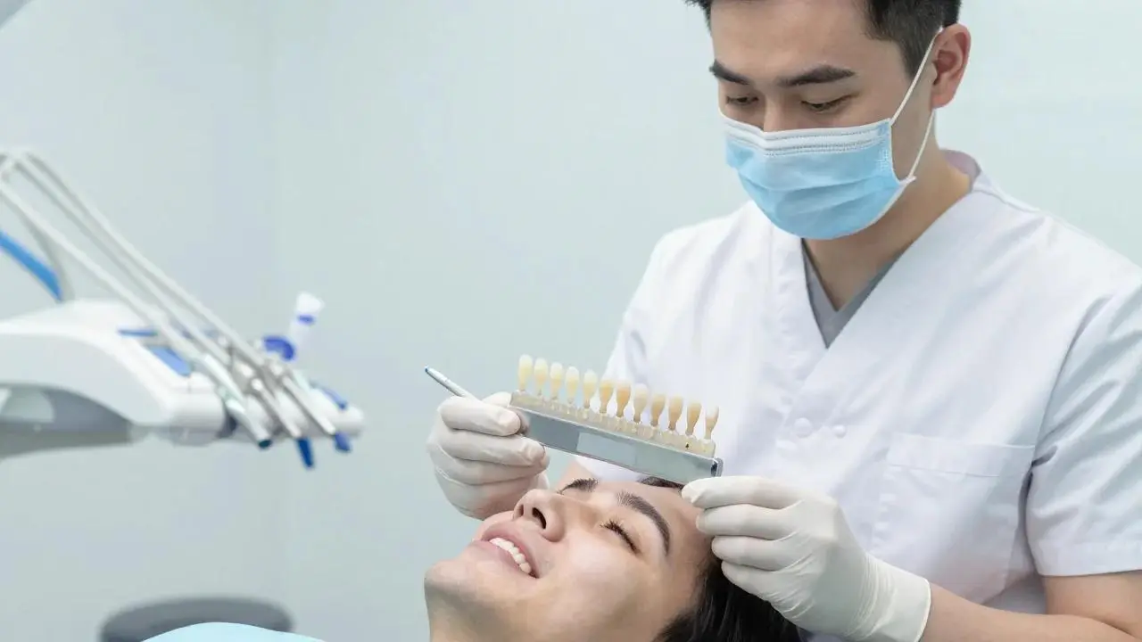 A dentist holds a tooth shade guide to a reclining patient's smile