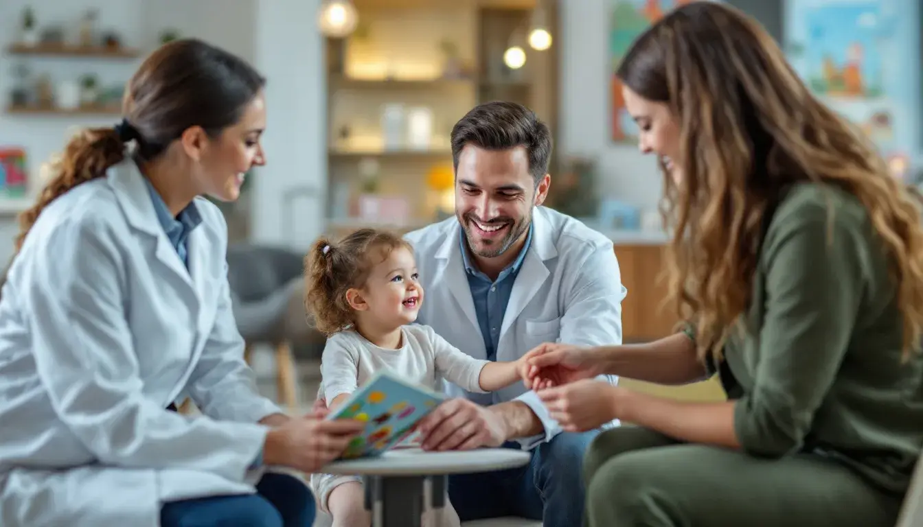 A dentist and a family with a young child talk together in a bright clinic waiting area