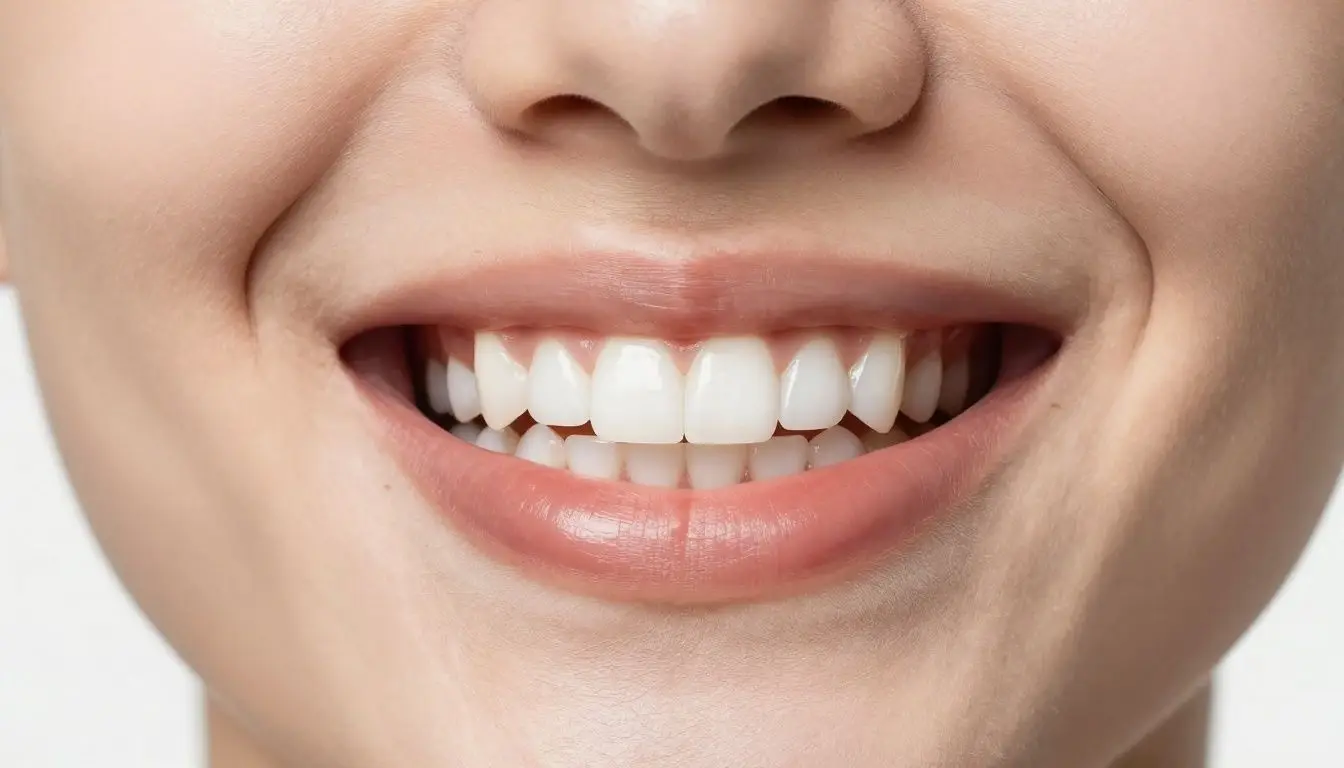 Close-up of a person's mouth with a wide, bright white smile.