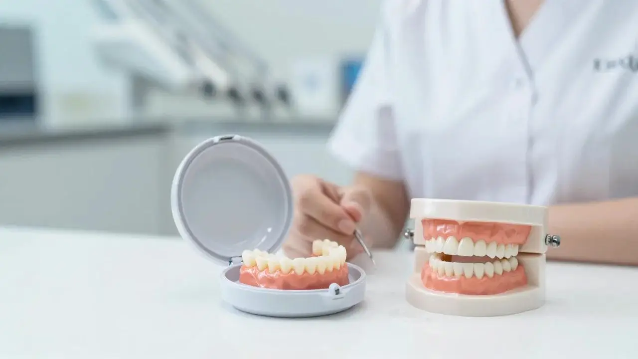 A denture in an open case beside a dental model on a white counter