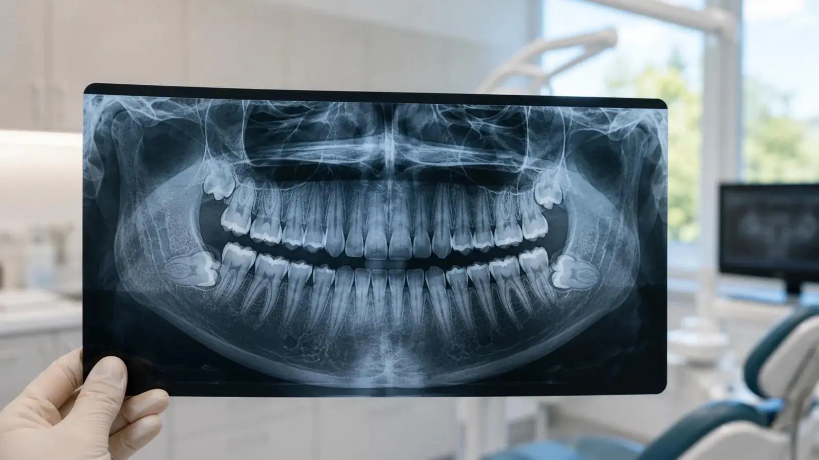 A gloved hand holds up a panoramic dental X-ray in a dental clinic