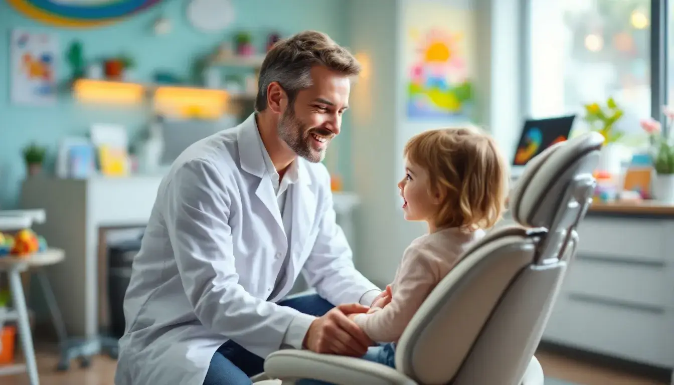 A dentist talks with a young child seated in a dental chair in a colourful clinic room