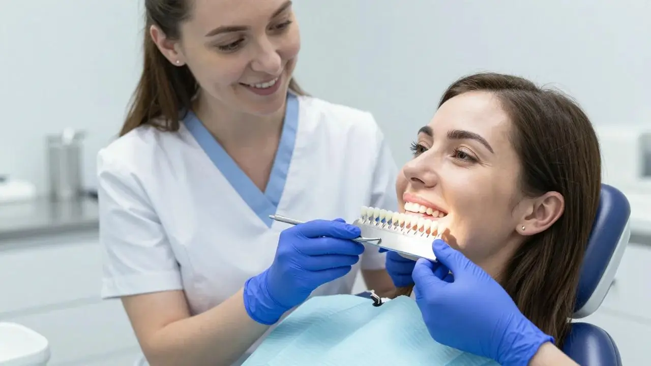 A dental team member holds a tooth shade guide beside a smiling woman's teeth