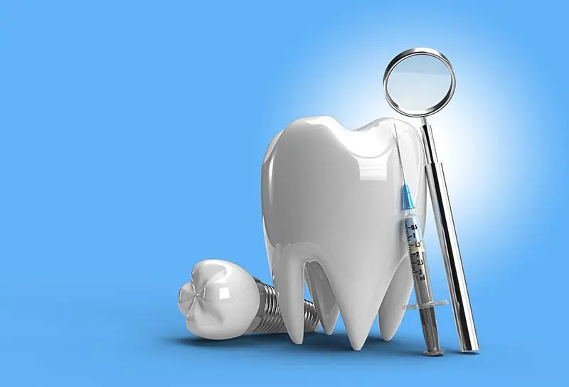 Illustration of a white tooth, a dental implant and a dental mirror on a blue background