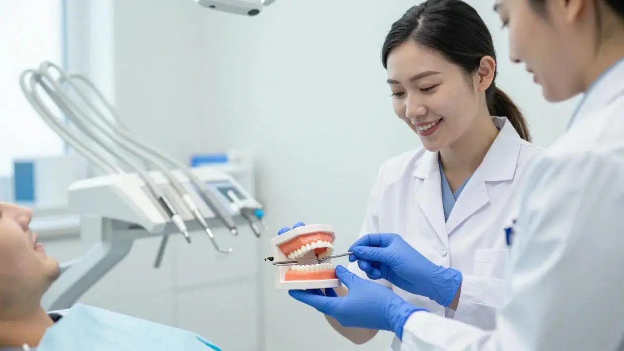 A smiling dentist holds a model of teeth beside a patient in a dental chair