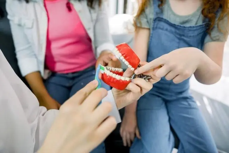 A dental professional shows a young girl how to brush, using a model of teeth