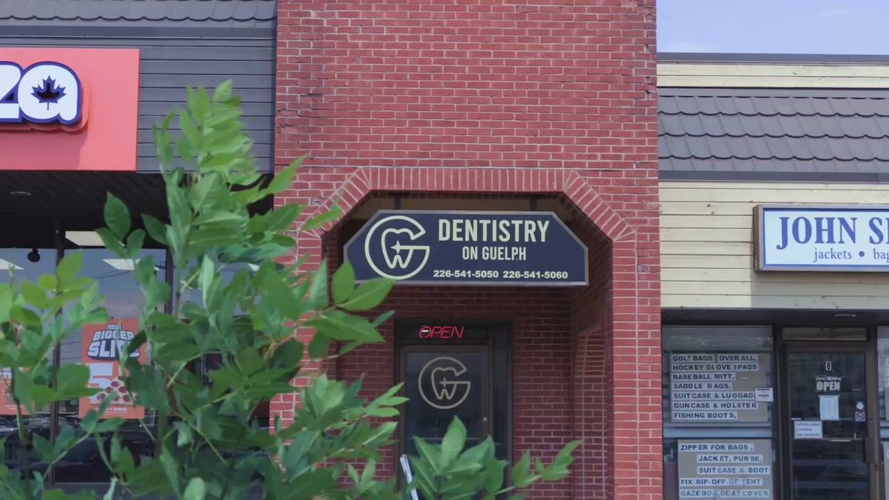 The Dentistry on Guelph sign above the clinic entrance on Eramosa Road