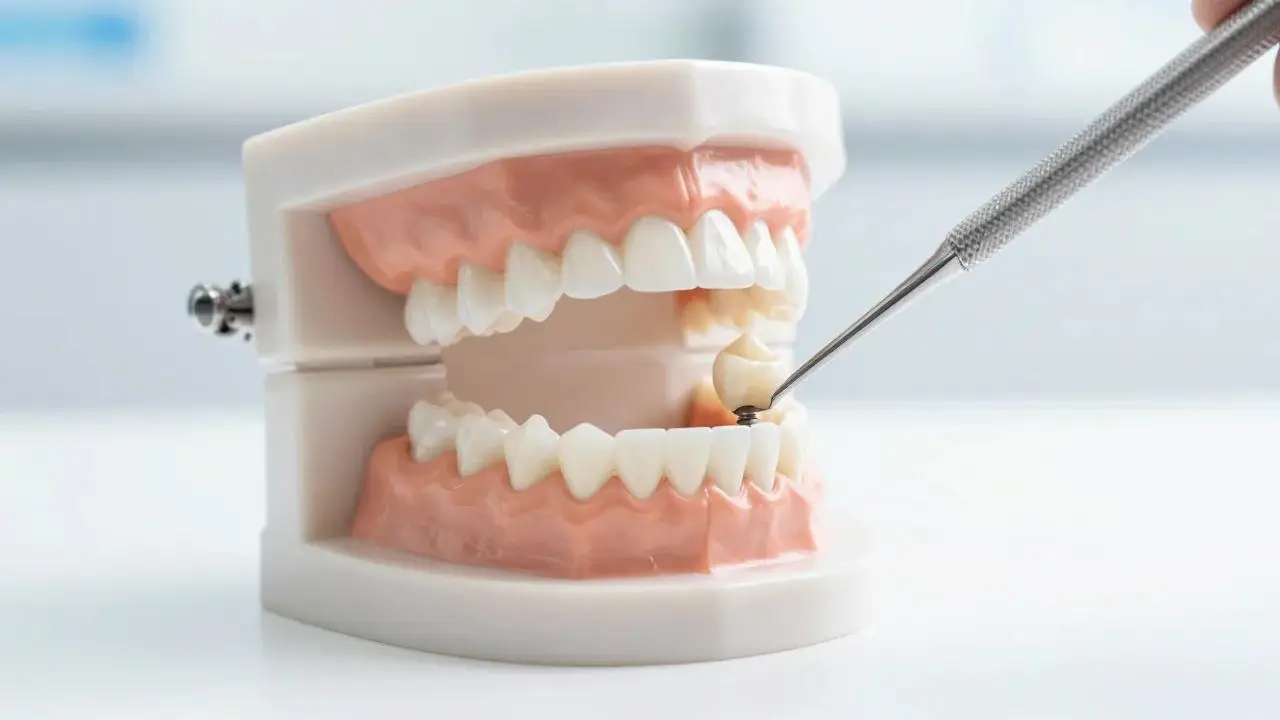A model of a full set of teeth with a dental instrument pointing to the upper row
