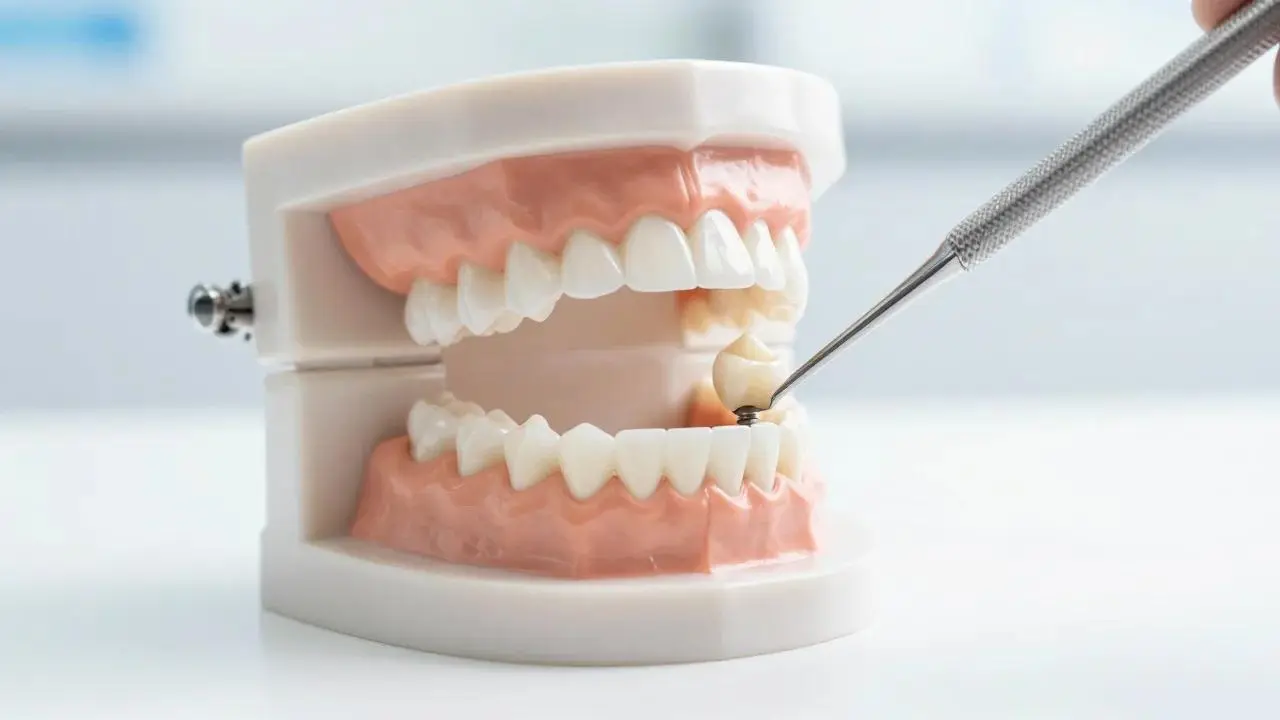 A model of a full set of teeth with a dental instrument pointing to the upper row