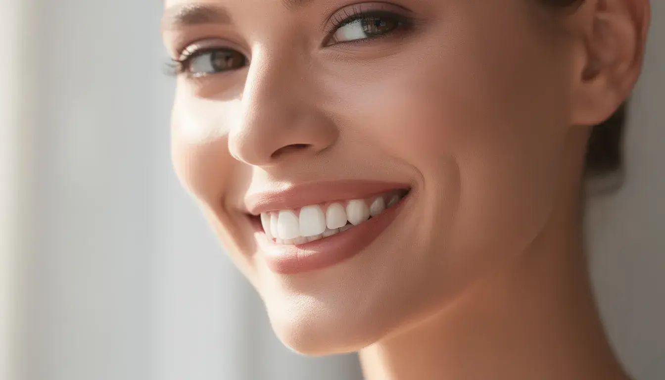Close-up of a smiling woman with even, white teeth