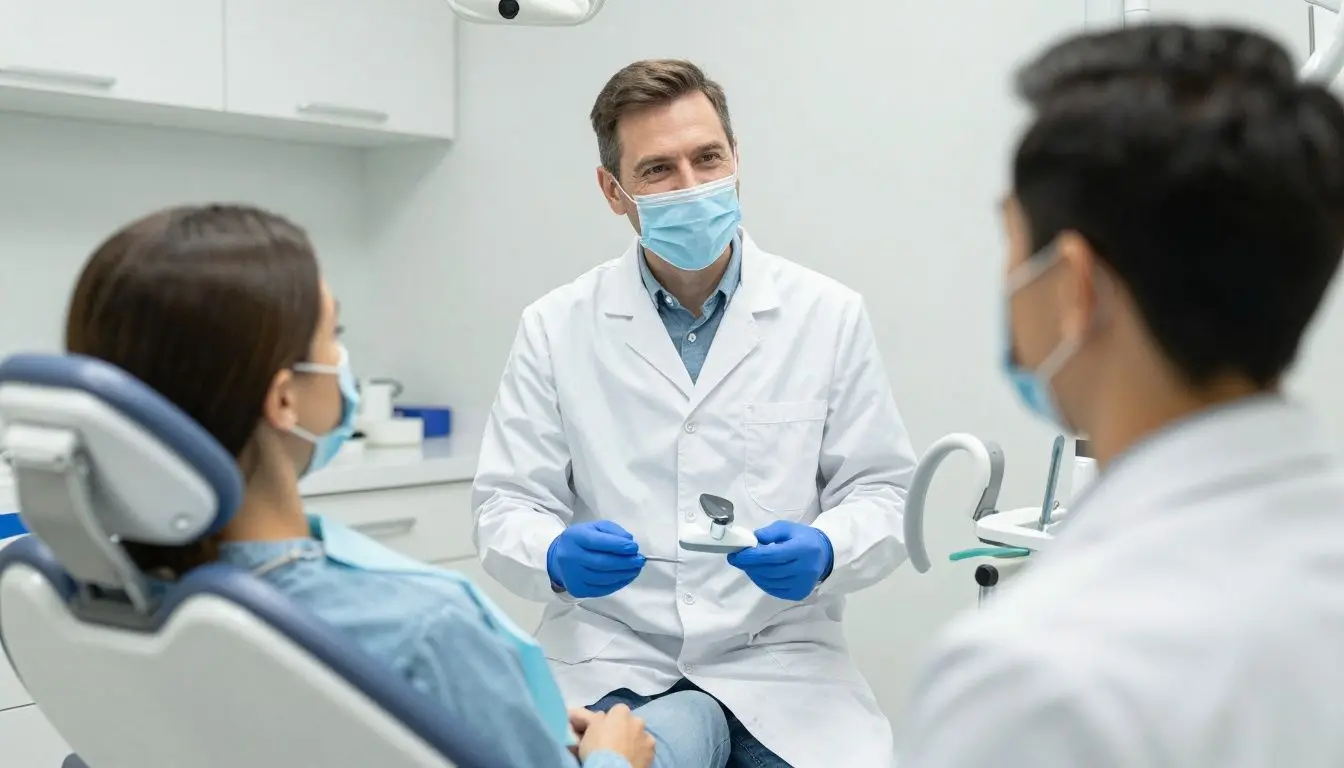 A friendly dentist discussing a 3D jaw scan with a patient in a modern dental office.