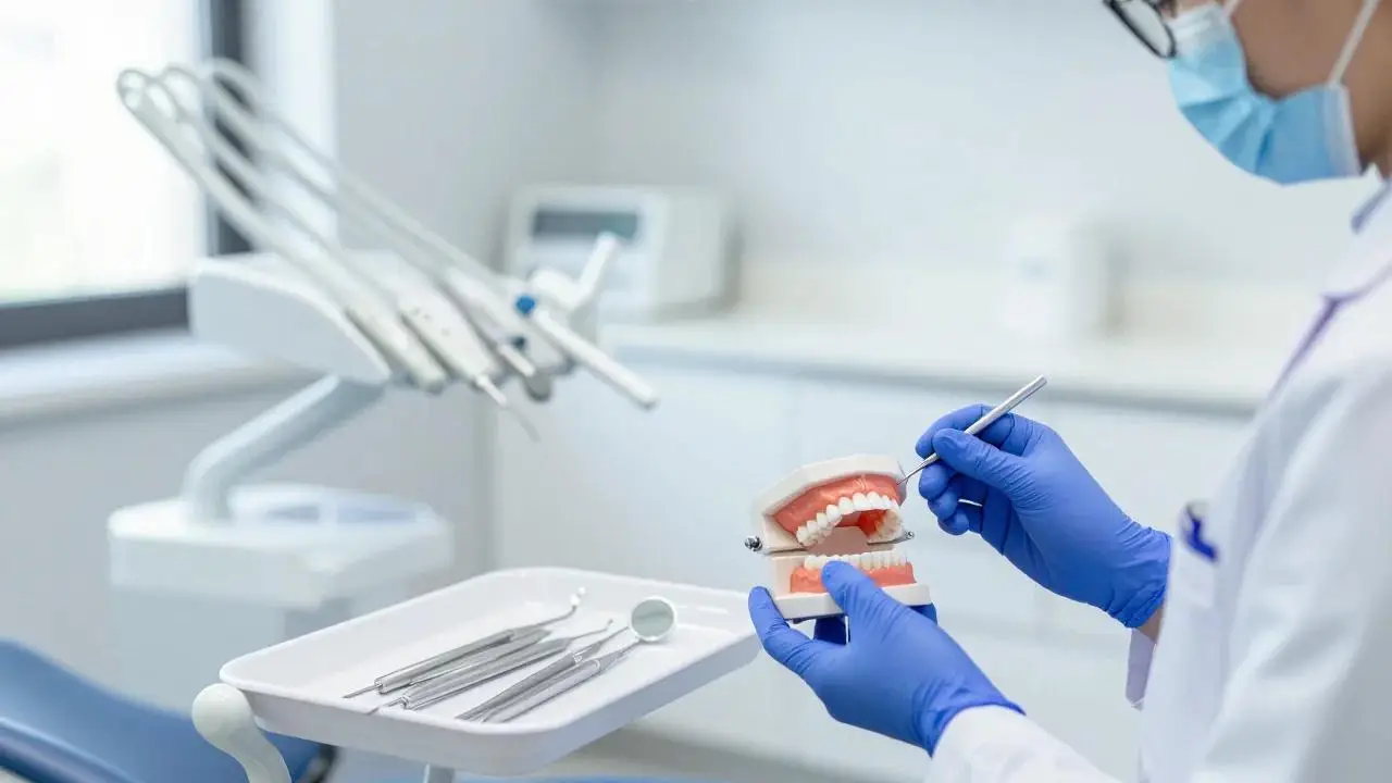 Gloved hands hold a dental mirror beside a model of teeth on a tray