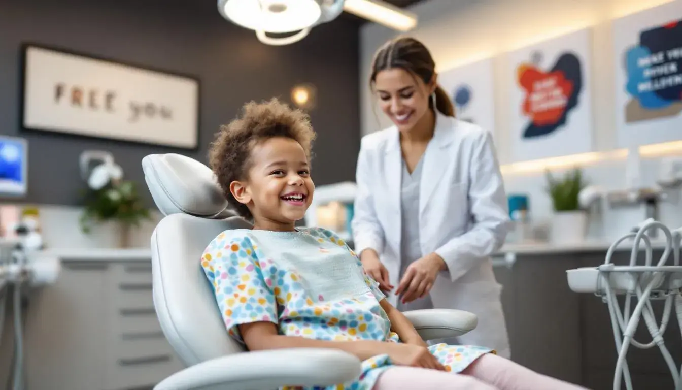 A smiling child in a dental chair with a dentist standing beside him