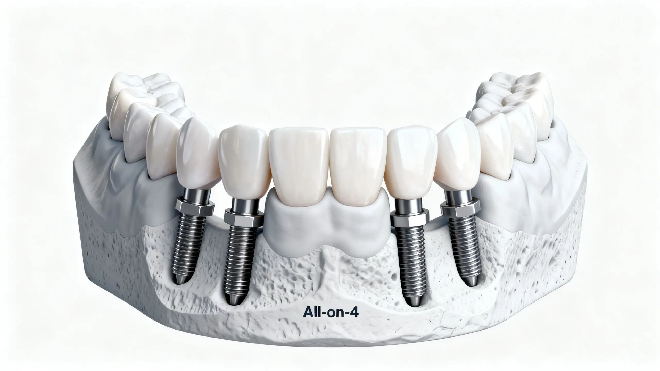A dental model illustrating how four All-on-4 implants securely anchor a full arch of teeth to the jawbone.