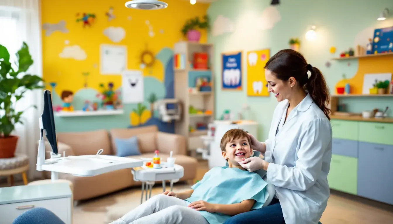 A dentist talks with a smiling boy in a dental chair in a colourful children's treatment room