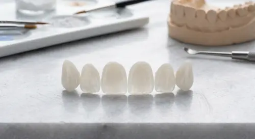 A row of porcelain veneers on a counter, with a dental model behind
