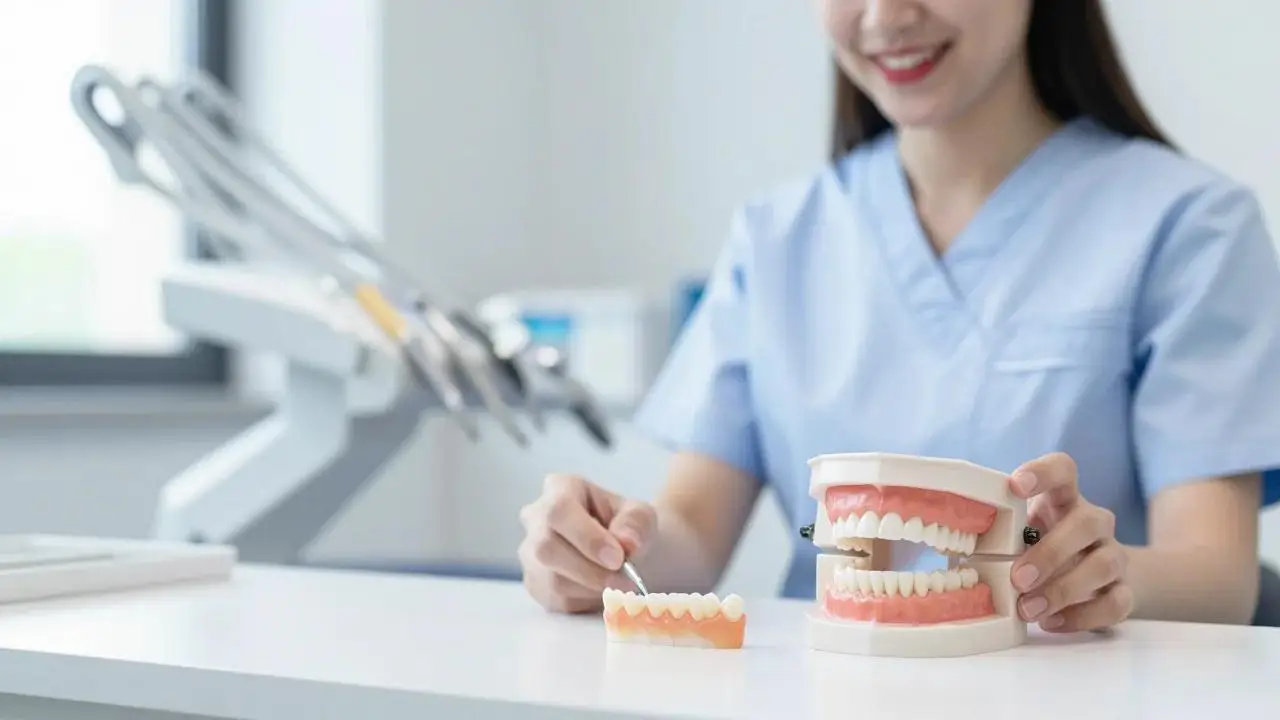 A dental professional in light blue scrubs works on a model of teeth at a desk