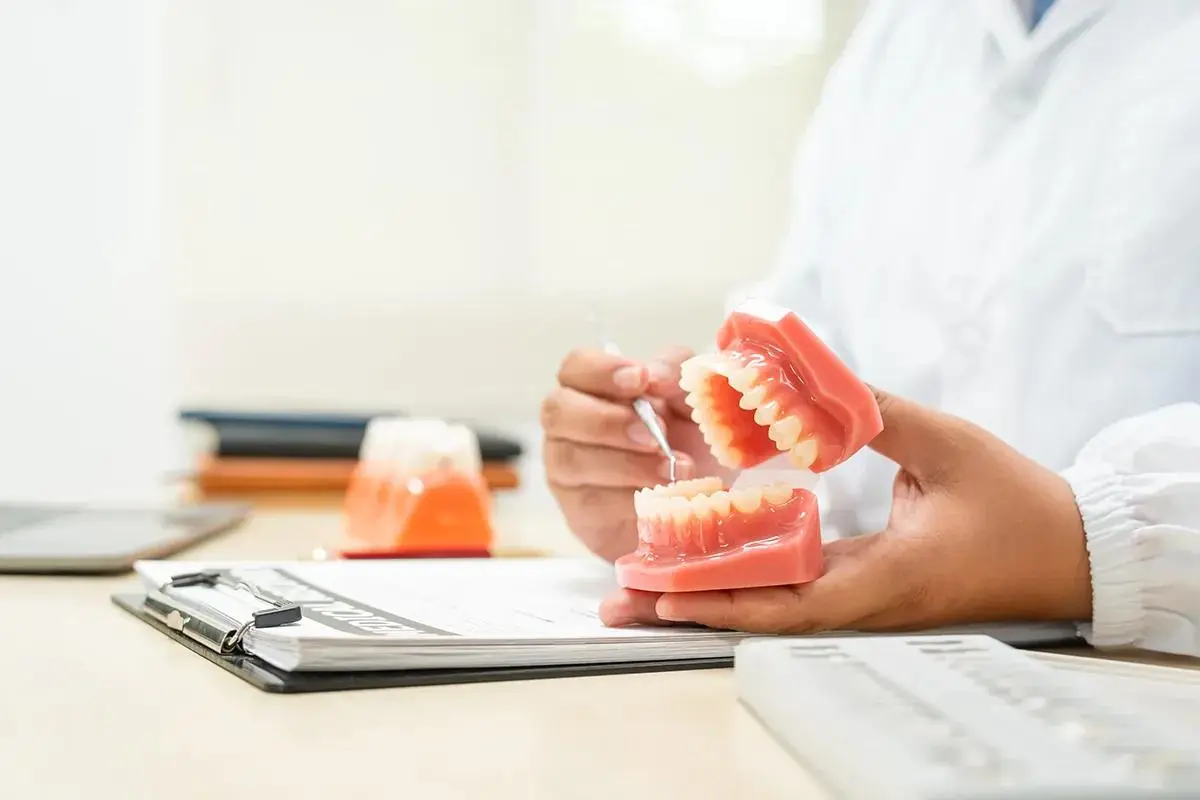 Dental professional examining denture models while reviewing patient records