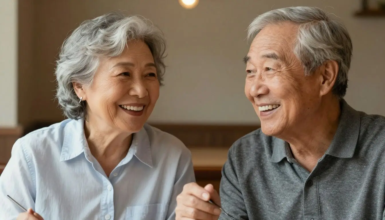 A smiling, confident senior couple enjoying a meal, showcasing the natural look of full mouth dental implants.