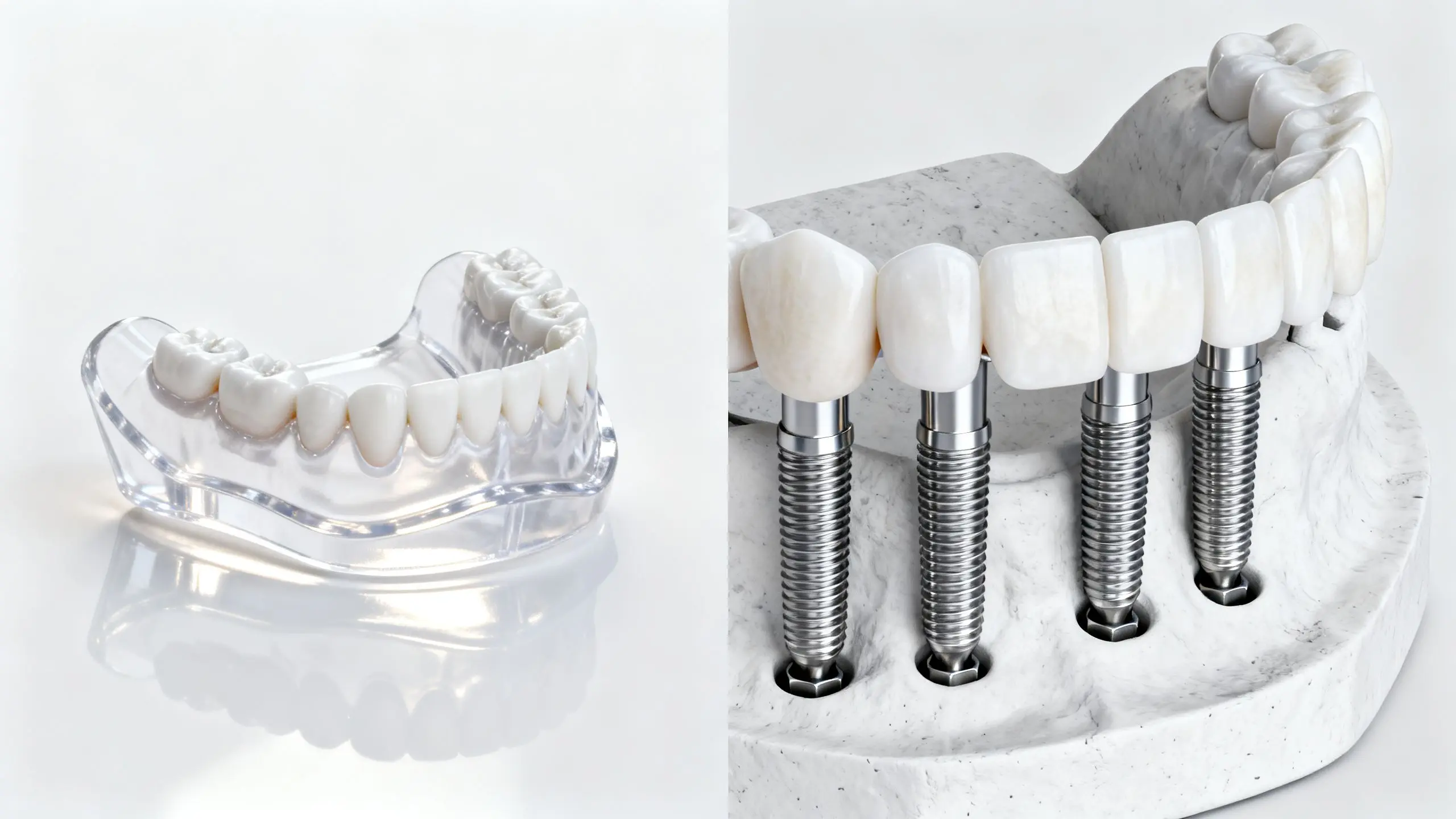 Dental implant models showing a clear denture and a bridge on implants.