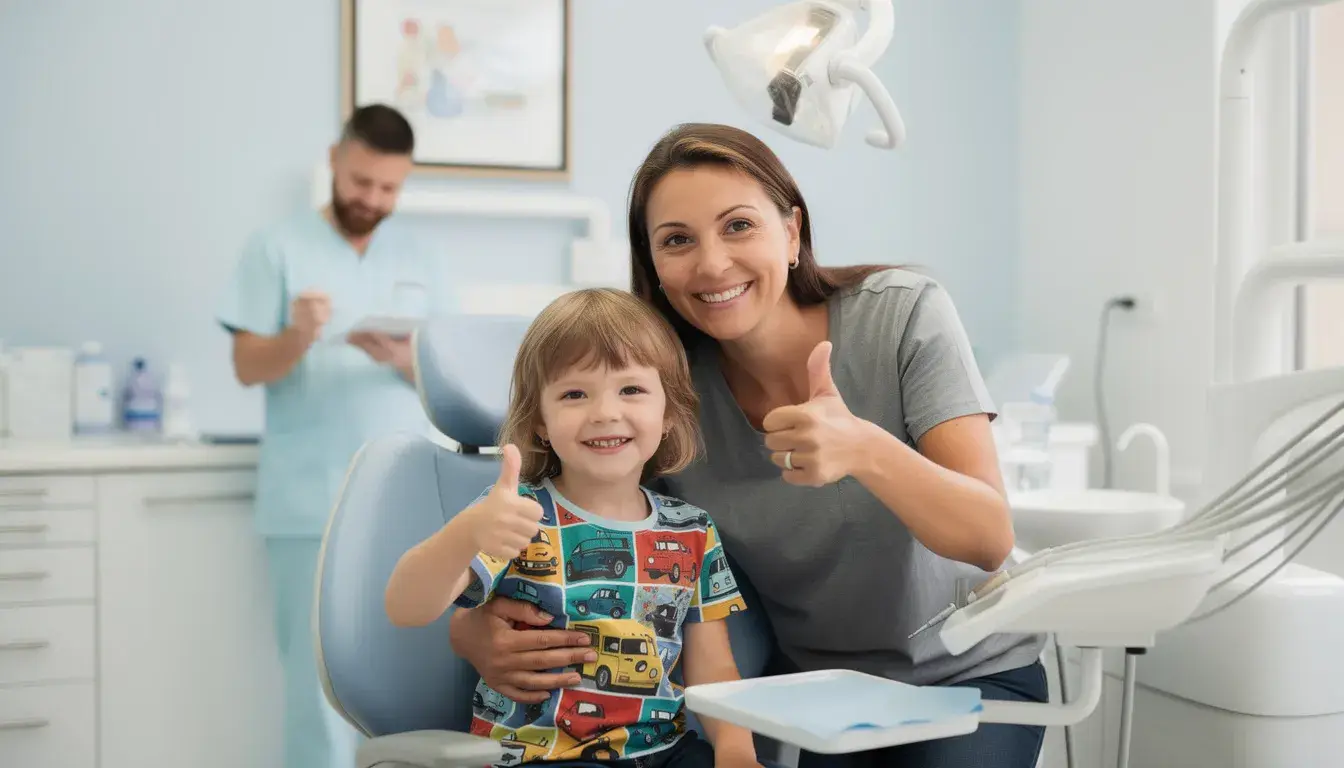 A mother and young child give a thumbs up in a dental chair, with a dentist in the background