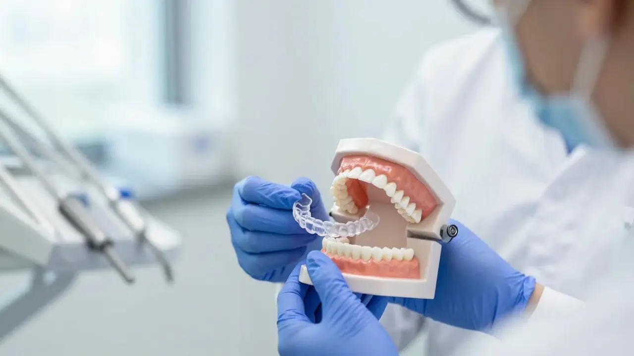 Gloved hands hold a clear aligner beside a model of teeth
