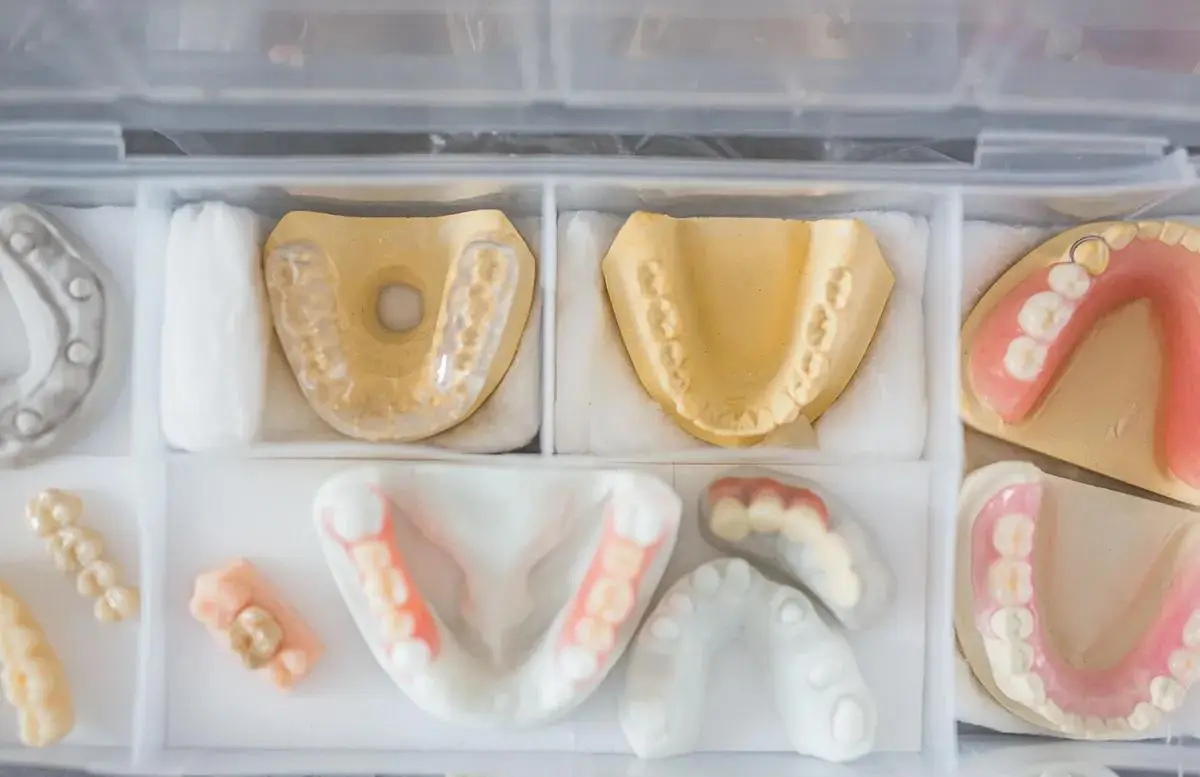 Organized tray of various dental casts and prosthetic models