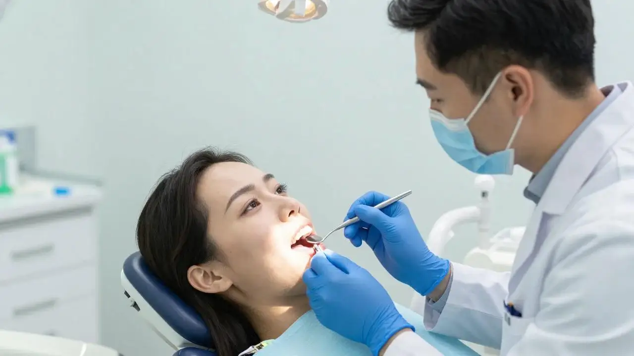 A dentist examines a woman's teeth with dental instruments