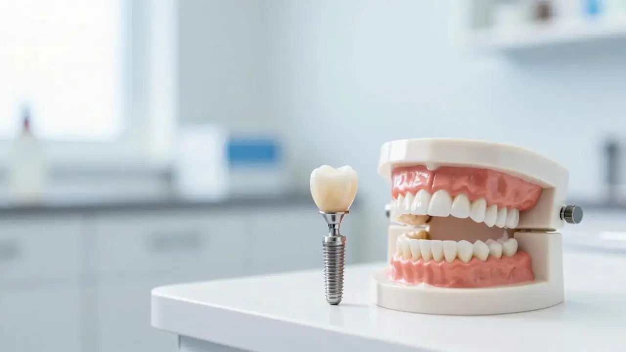 A model of a dental implant with a crown, next to a model of a full set of teeth