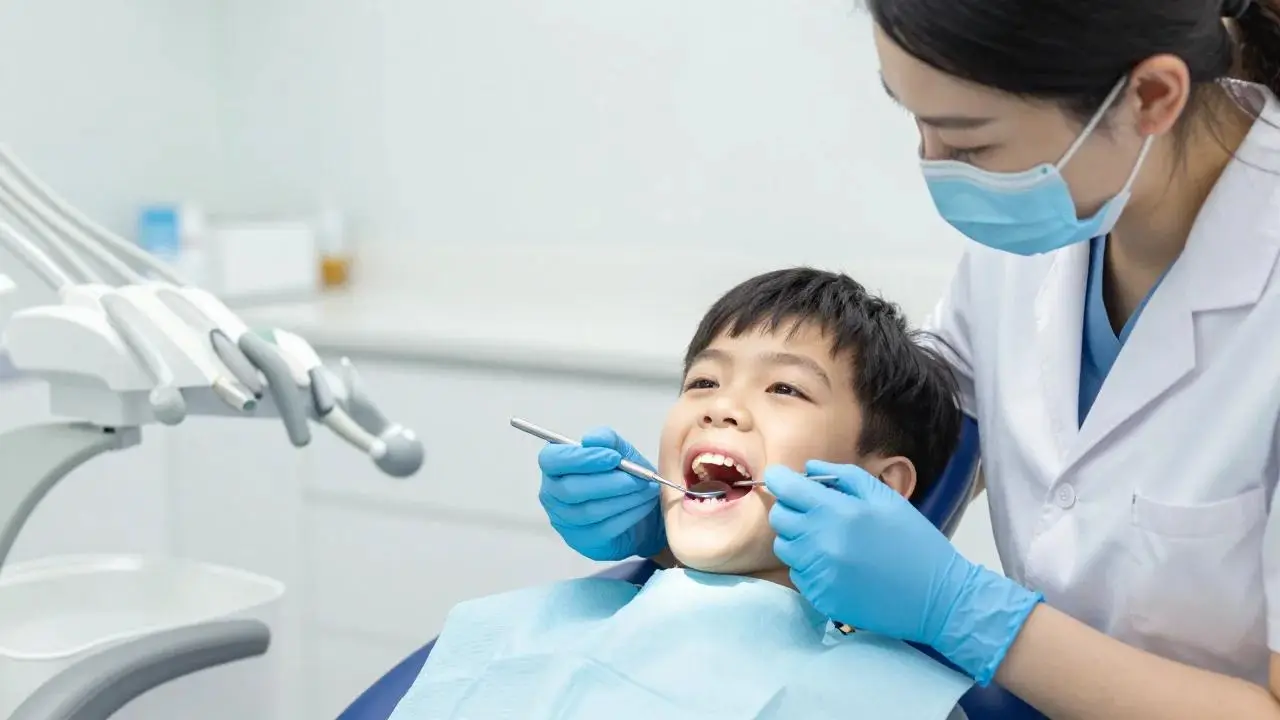 A boy opens his mouth for a checkup while a dentist holds a dental mirror