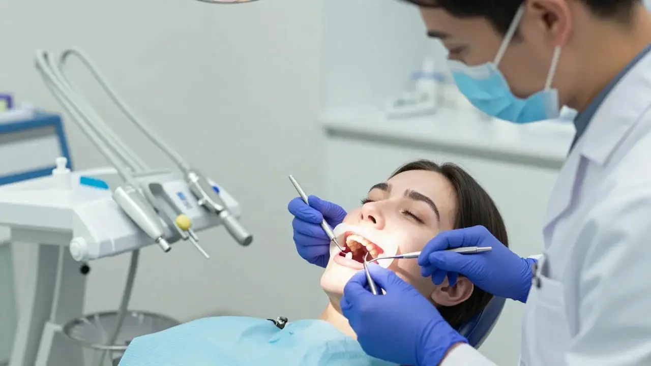 A dentist works on a reclining patient's teeth with dental instruments