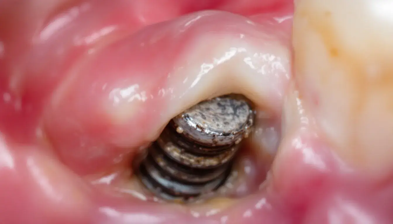 Signs of dental implant failure illustrated through a close-up of an implant.