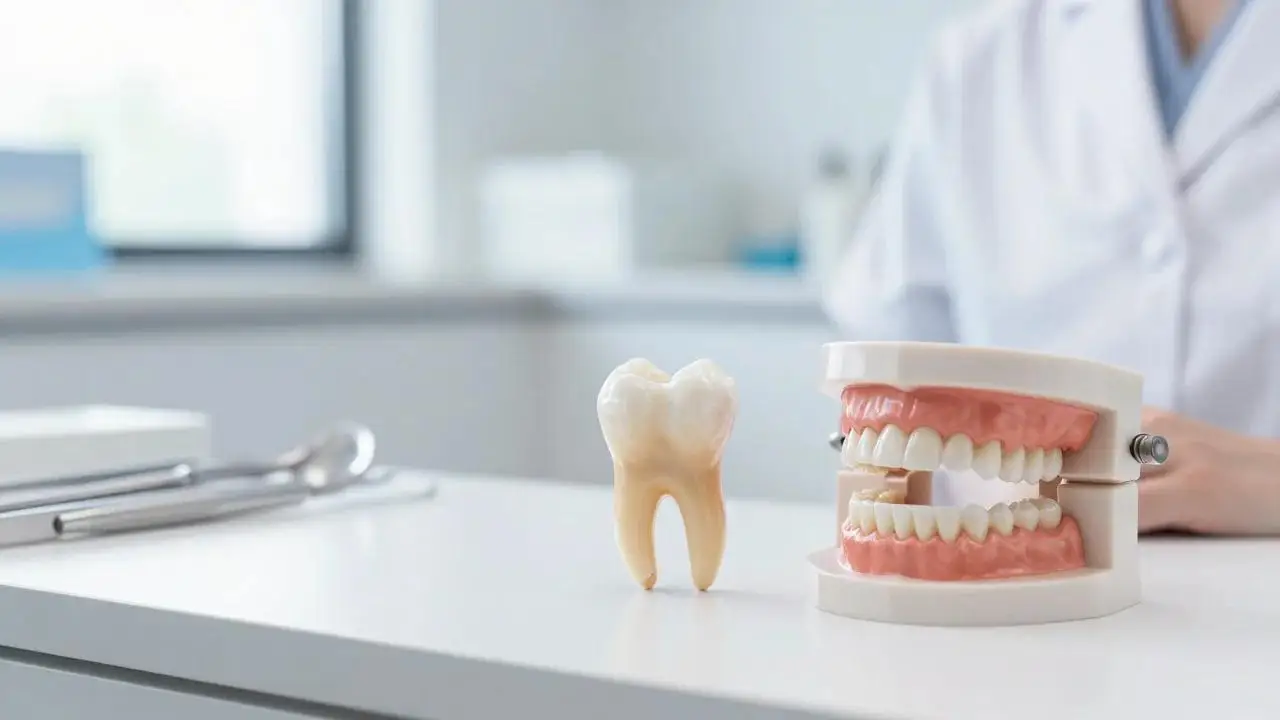 A model of a single tooth beside a model of a full set of teeth on a white counter