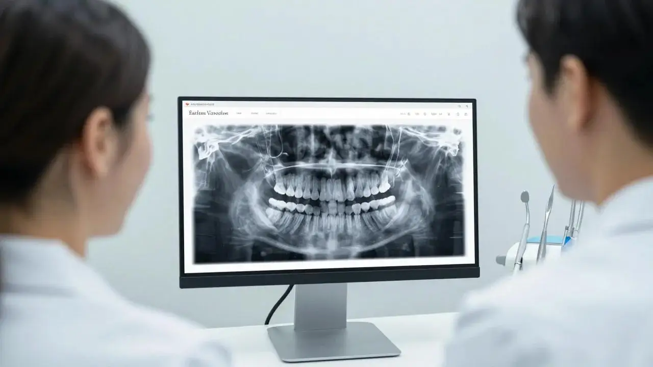 Two dental professionals look at a panoramic dental X-ray on a monitor